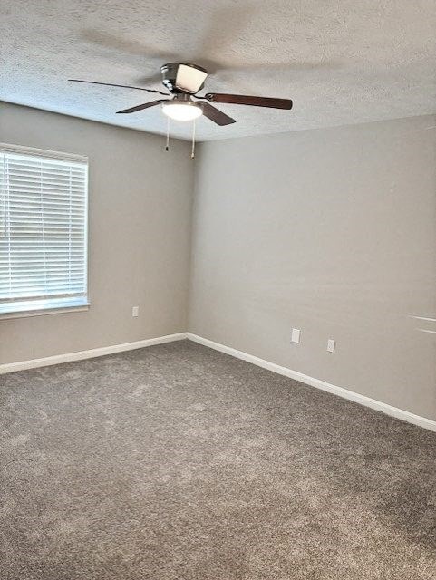 A room with a ceiling fan and carpeted floor.