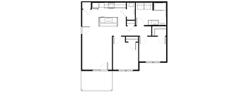 A black and white image of a floor plan with various rooms and spaces.
