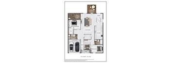 A floor plan of a house with a garage and two bedrooms.