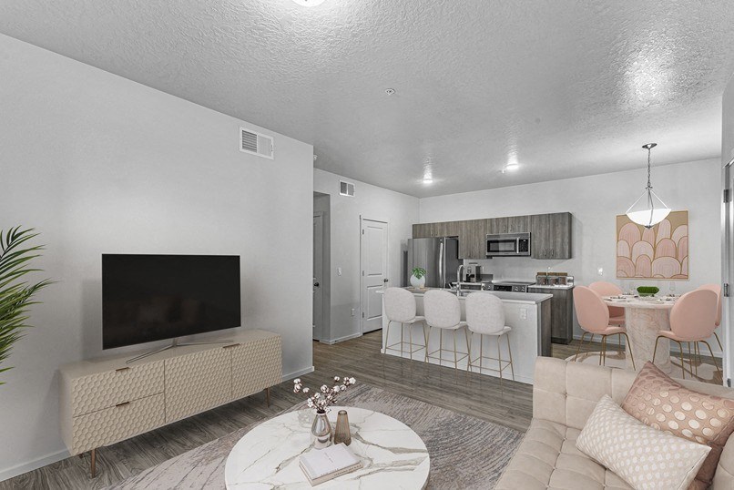 our apartments offer a living room with a flat screen tv and a kitchen with stainless steel appliances