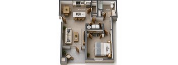 A floor plan of a living room, kitchen, bathroom, and bedroom.