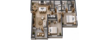 A top-down view of a well-furnished apartment layout.