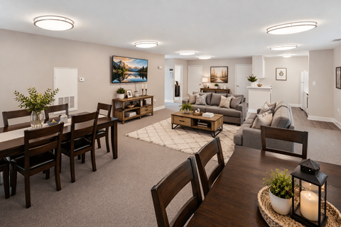 A well-lit living room with a dining table and chairs.