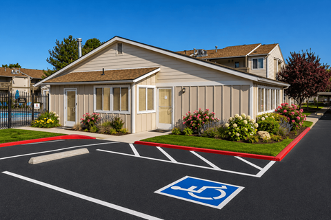 A building with a parking lot in front of it, with a handicap parking space clearly marked.