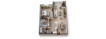A top-down view of a house layout with a living room, dining area, kitchen, and bedrooms.
