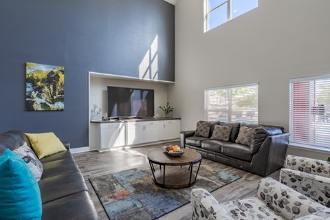 A living room with a grey couch and a coffee table.