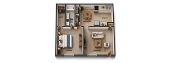 A floor plan of a small apartment with a bedroom, living room, kitchen, and bathroom.