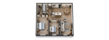 A top-down view of a well-furnished apartment with a kitchen, living room, and bedrooms.