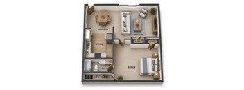 A 3D floor plan of a small apartment with a kitchen, living room, dining room, and two bedrooms.