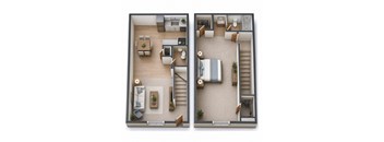 A floor plan of a two-story apartment with a living room, kitchen, bedrooms, and bathrooms.
