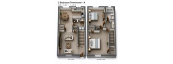 A 2 bedroom townhome layout with a first and second floor plan.