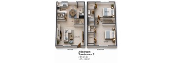A 2 Bedroom Townhome - B floor plan with a living room, dining room, kitchen, bathrooms, and closets.