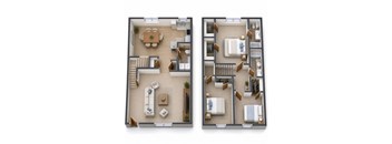 Two images of a house layout with a living room, kitchen, and bedrooms.