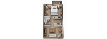 A top-down view of a bedroom with a bed, a couch, a chair, a table, and a bathtub.
