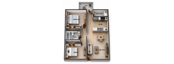 A floor plan of a small apartment with a master suite, two bedrooms, a kitchen, and a living room.