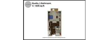 a floor plan of a studio 1 bathroom c 606 sq ft
