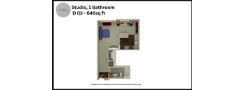a floor plan of a studio unit with a bathroom and a closet