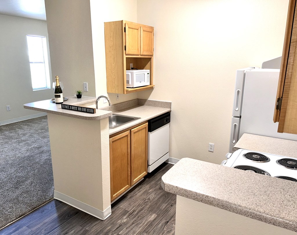 a kitchen with a stove refrigerator and a sink