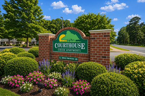 A sign for Courthouse Senior Apartments is surrounded by flowers and greenery.