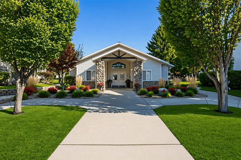 A house with a stone facade is surrounded by a well-kept lawn and trees.
