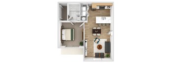 the interior of a studio apartment with a bedroom and a living room