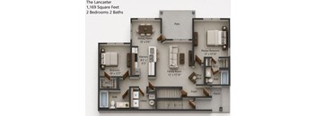 A floor plan of a 1,169 square feet home with 2 bedrooms and 2 bathrooms.