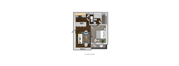 a stylized 1 bedroom floor plan with a bathroom and a living room