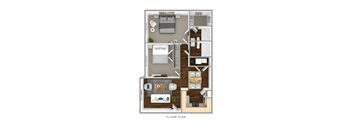 a stylized floor plan with a bedroom and living room