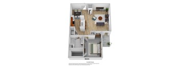 A floor plan of a house with a living room, dining room, kitchen, and bathroom.