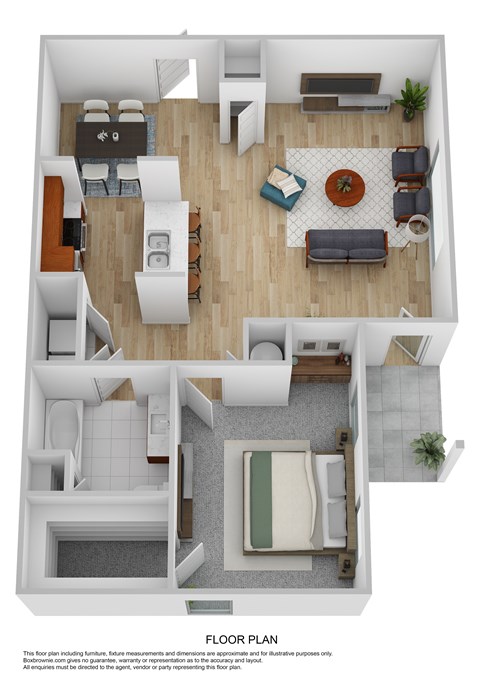 A floor plan of a house with a living room, dining room, kitchen, and bathroom.