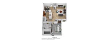 A floor plan of a house with a living room, dining room, kitchen, and two bedrooms.