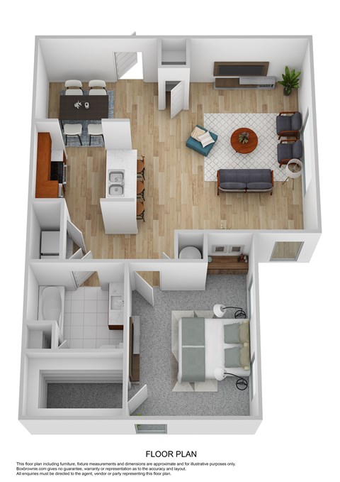 A floor plan of a house with a living room, dining room, kitchen, and two bedrooms.
