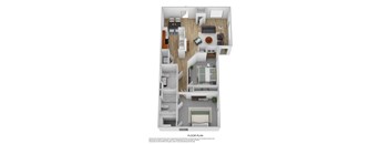 A floor plan of a house with a living room, dining room, kitchen, and bathrooms.