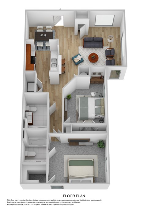 A floor plan of a house with a living room, dining room, kitchen, and bathrooms.