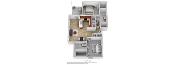 A floor plan of a small apartment with a living room, kitchen, and two bedrooms.