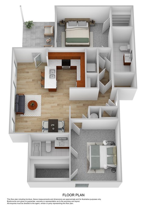 A floor plan of a small apartment with a living room, kitchen, and two bedrooms.