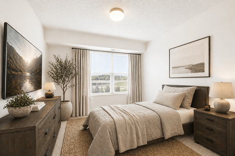 A well-lit bedroom with a large bed, a nightstand, and a dresser.
