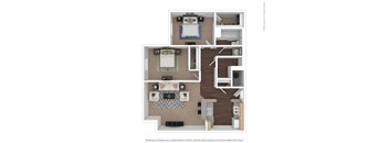 a stylized floor plan with a bedroom and living room