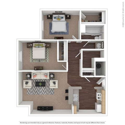 a stylized floor plan with a bedroom and living room