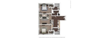 a stylized floor plan with a bedroom and living room