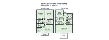 Willow Lake Apartments - 3 Bedroom Townhome Floor Plan Image