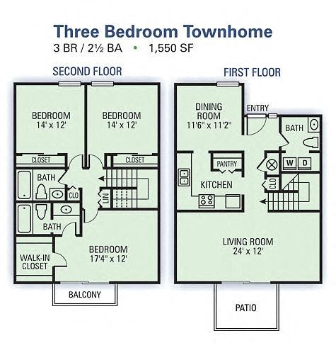 Willow Lake Apartments - 3 Bedroom Townhome Floor Plan Image