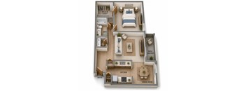 A 3D floor plan of a small apartment with a bedroom, bathroom, kitchen, dining room, and a patio balcony.