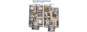A diagram of a three bedroom townhome with a balcony and a patio.