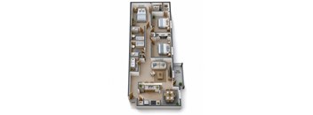 A floor plan of a house with a living room, dining room, kitchen, and two bedrooms.