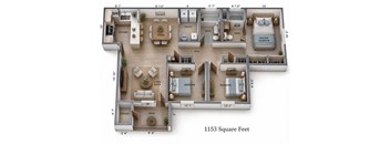 A 3D floor plan of a house with a total area of 1153 square feet.