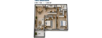 A 1,000 square foot floor plan for a two bedroom apartment.