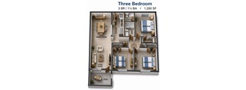 A 3 bedroom apartment with a living room, dining room, kitchen, and patio.