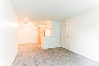 an empty living room with a kitchen in the background