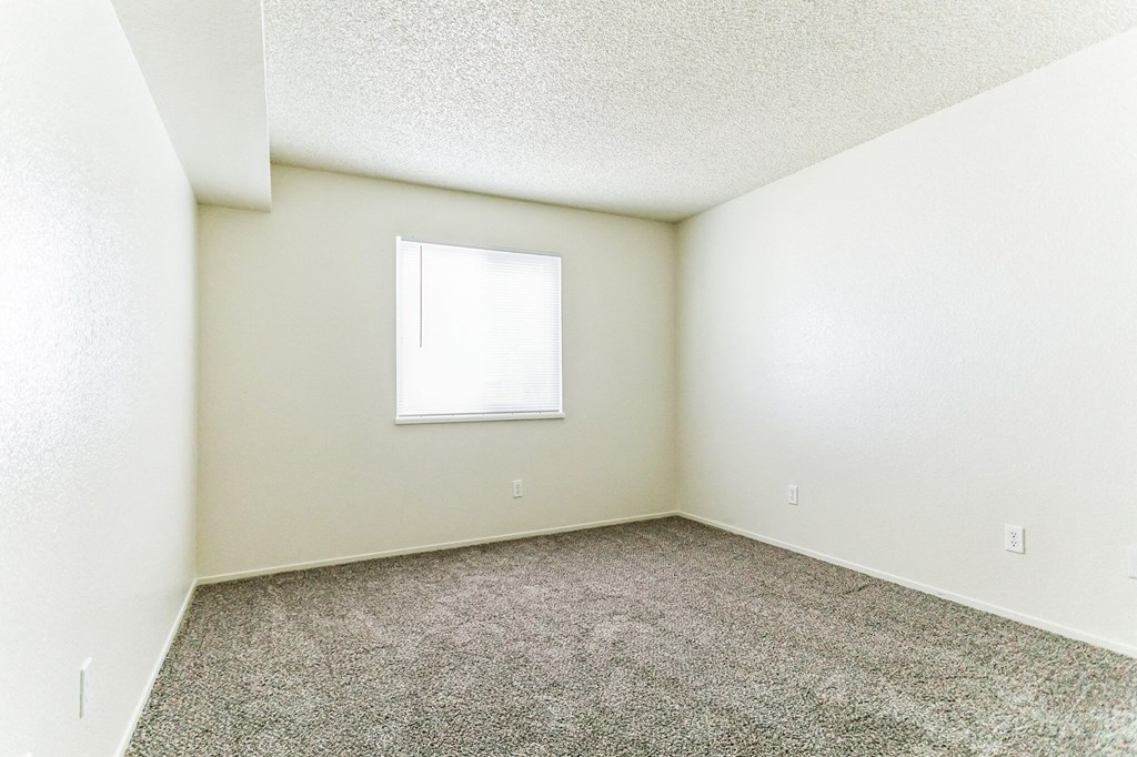 a bedroom with white walls and carpet